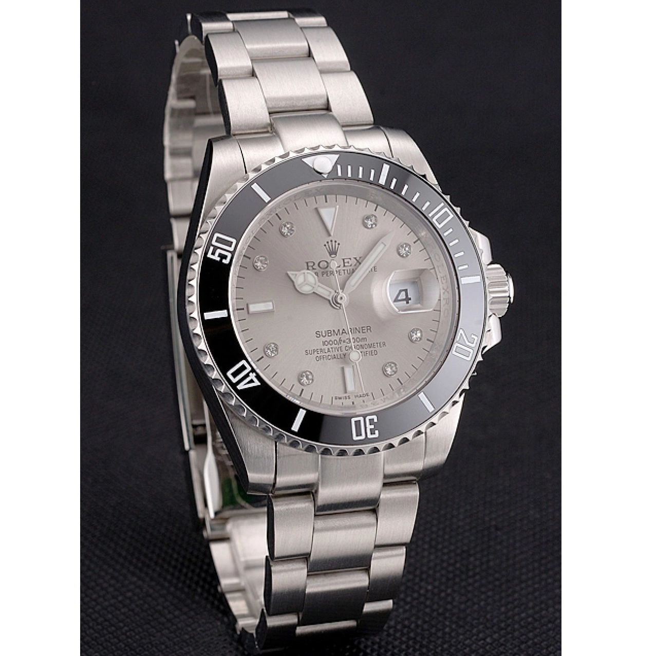 Aaa replica watch Case Stainless Silver Dial Steel Submariner Rolex And Swiss Bracelet Bezel Markings Diamond Black 0619